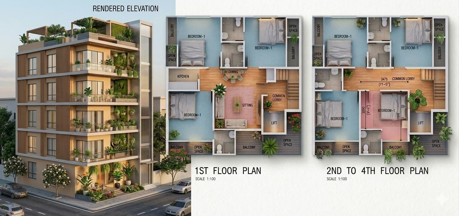 Presentation board: rendered elevation of a five-storey apartment building beside its first and typical floor plans