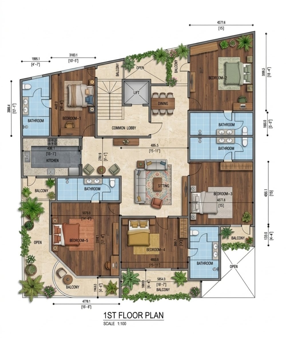 Coloured first floor plan with five bedrooms, lift and common lobby