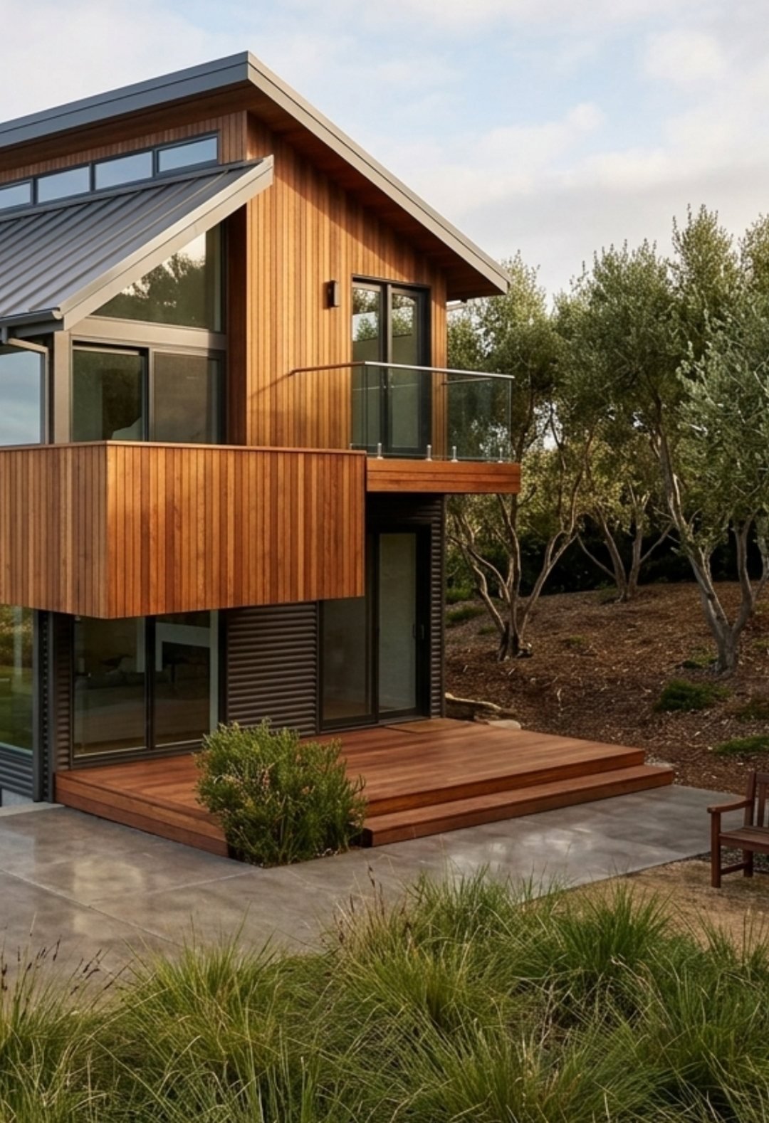 Exterior visualisation of a timber-clad house with a deck and glazed corner
