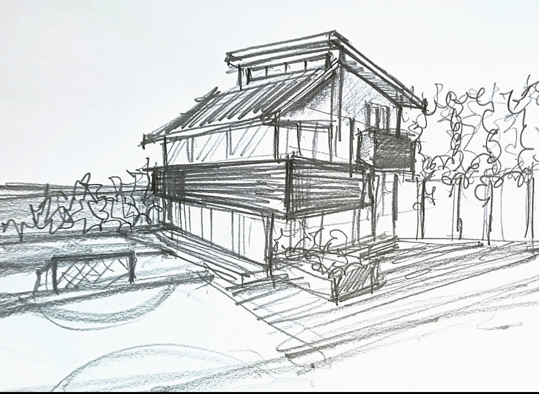 Pencil perspective sketch of the same house, seen from the garden